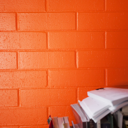 PTC orange wall and scripts. Sarah Race photo