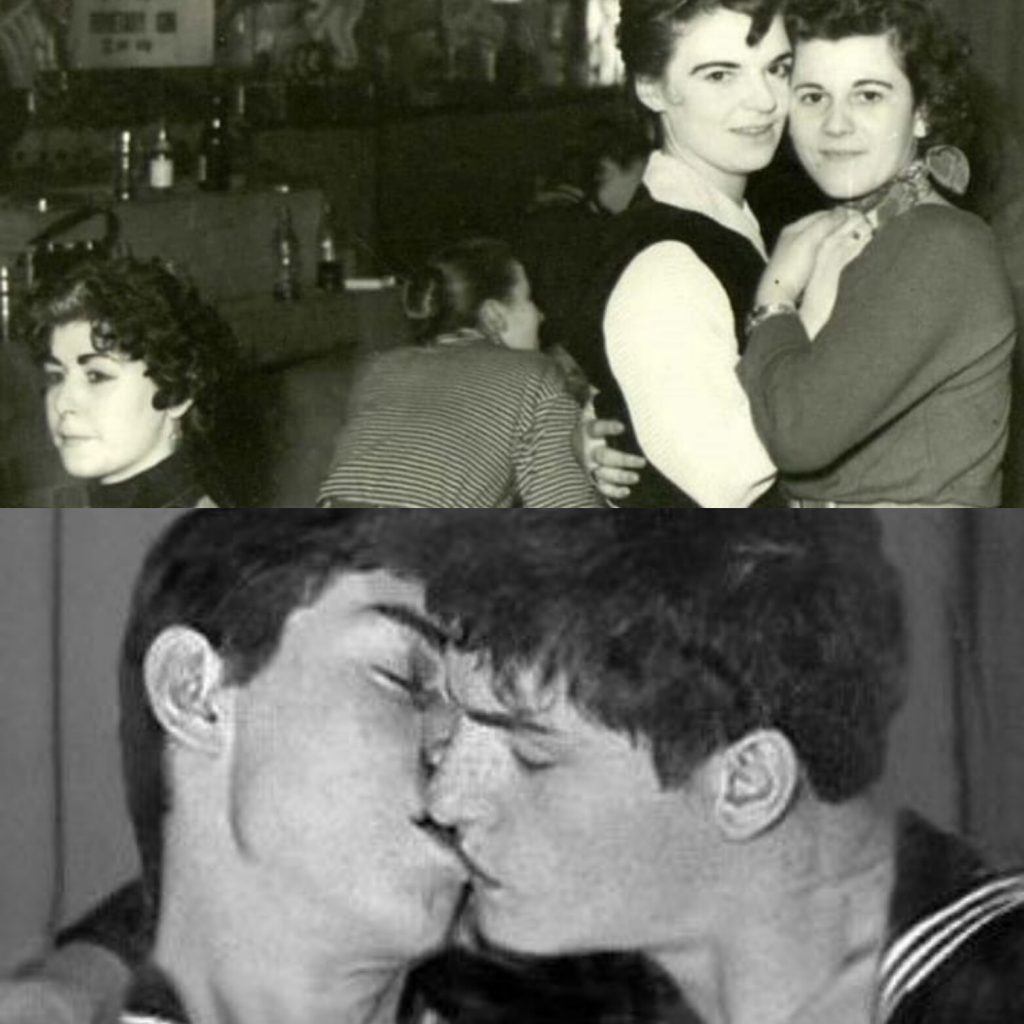 Stacked black and white photos of two young women embracing and two men kissing