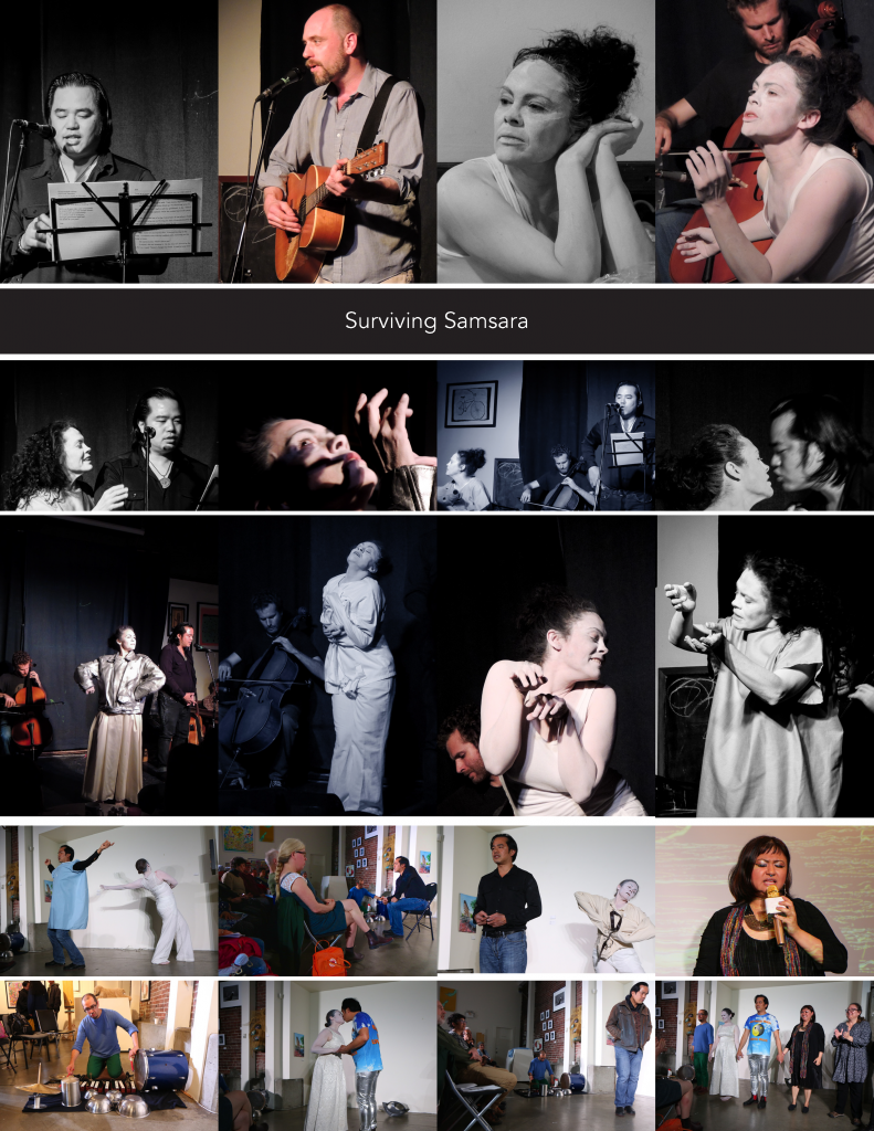 Montage photo images of 1st iteration of Surviving Samsara staged reading at Cafe Deux Soleils in 2014 featuring spoken word pet Kagan Goh, Butoh dancer Maria Salome Nieto, cellist/composer Nicholas Epperson and singer/songwriter Fraser Mackenzie.