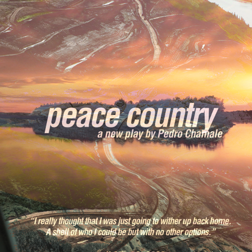 Peace Country poster: aerial shot of Peace River area with title Peace Country over the main landmass. Lots of tributaries lead toward and from this main landmass.
