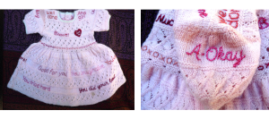 Two images next to one another: a small child's pink dress with affirmative statements all over it, such as "bravo!" and "good for you!" and the second image is a close-up of one sleeve on the dress, which says "a-okay"