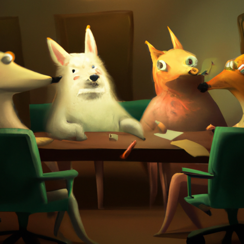Image of four 3D animated dogs of different around a table and sitting in chairs